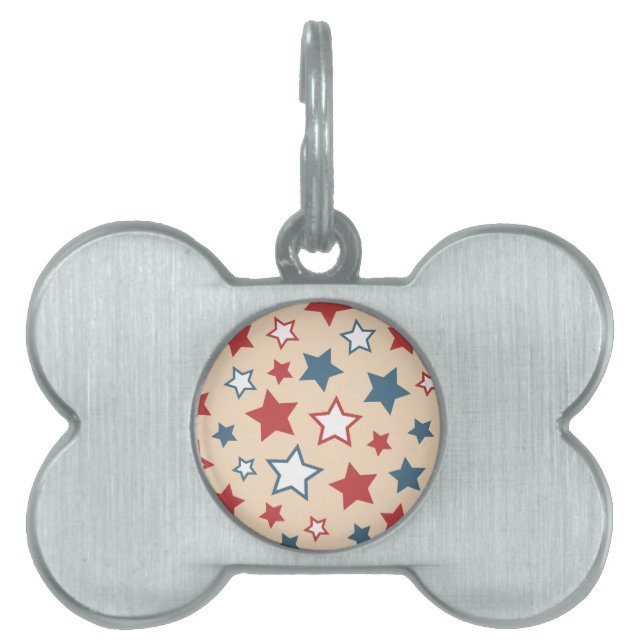Placa Para Mascotas Red and Blue Stars, 4th of July, Beige Background (Frente)