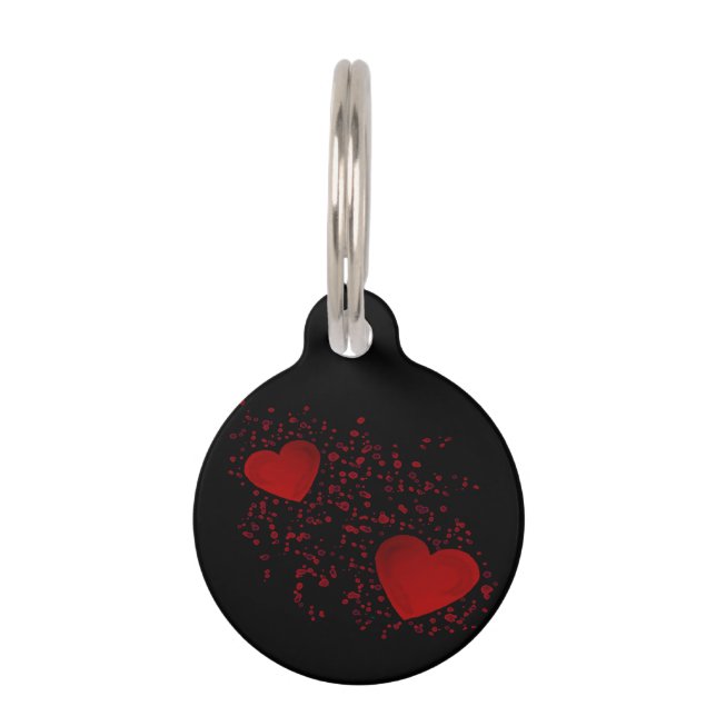 Placa Para Mascotas Red Hearts Dots Black Dog Name Teléfono (Anverso)