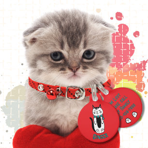 Placa Para Mascotas Red Kawaii, Personalizado de gato blanco negro gra