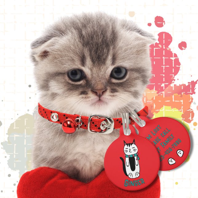 Placa Para Mascotas Red Kawaii, Personalizado de gato blanco negro gra (Subido por el creador)