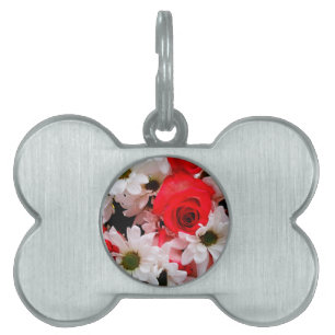Placa Para Mascotas Red-White-Rosas-Daisies-Bouquet-PET TAG