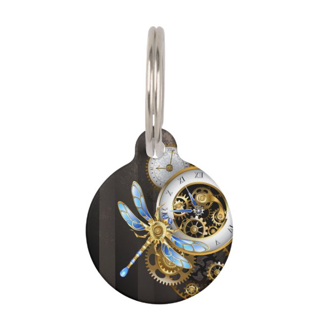 Placa Para Mascotas Reloj de vapor con libélula mecánica (Anverso)