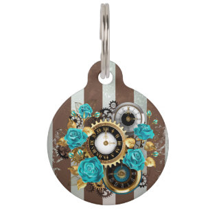 Placa Para Mascotas Reloj de vapor y Rosas turquesa a rayas