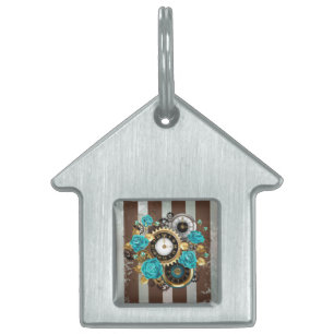 Placa Para Mascotas Reloj de vapor y Rosas turquesa a rayas