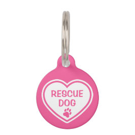 Placa Para Mascotas Rescate de perro rosa y blanco corazón con informa