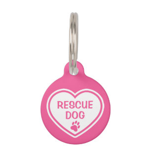 Placa Para Mascotas Rescate de perro rosa y blanco corazón con informa