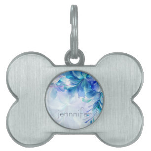 Placa Para Mascotas Resumen Fondo Floral Monograma Azul Y Blanco
