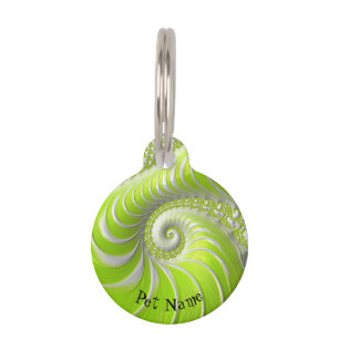 Placa Para Mascotas Resumen Fractal De Espiral Verde Lime Con Nombre