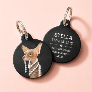 Placa Para Mascotas Retrato de Chihuahua de Bellas Artes con Perlas   