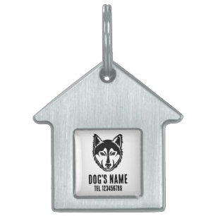 Placa Para Mascotas Retrato de Husky Blanco y Negro Lino Grabado