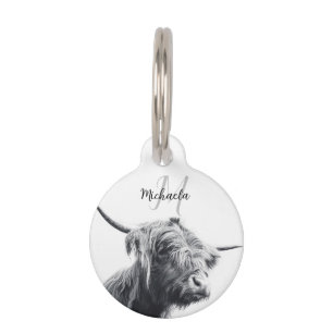 Placa Para Mascotas Retrato de vaca Highland monograma inicial blanco 
