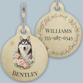 Placa Para Mascotas Retrato floral de Husky siberiano