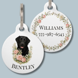 Placa Para Mascotas Retrato floral de Labrador negro