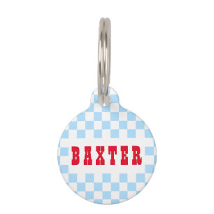 Placa Para Mascotas Retro Blue White Checkpoint Dog Puppy Cat Nombre