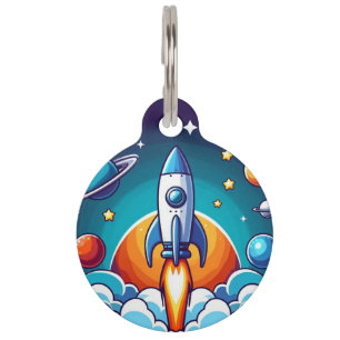 Placa Para Mascotas Retro, cohete espacial exterior