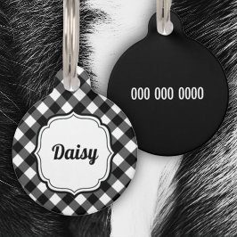 Placa Para Mascotas Retro Cute Black & White Gingham Check Pet ID Tag