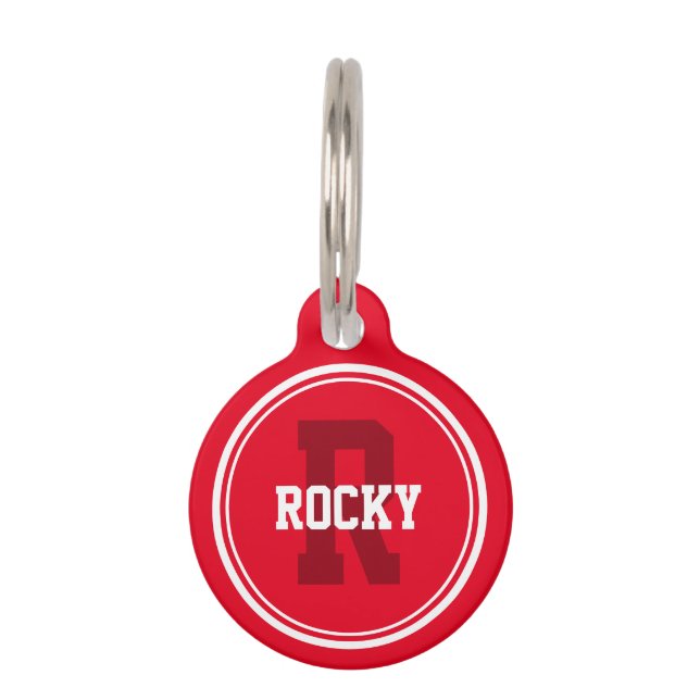 Placa Para Mascotas Rojo sólido deportivo con monograma (Anverso)