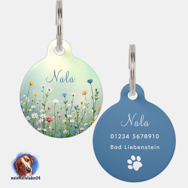 Placa Para Mascotas Romantische Blumenwiese | personalisierbare  (Personalisierbare Haustiermarke mit romantischer Blumenwiese - nach eigenem Wunsch personalisierbar)