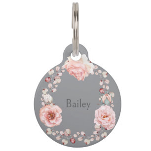 Placa Para Mascotas Rosa de color de agua personalizado Gris