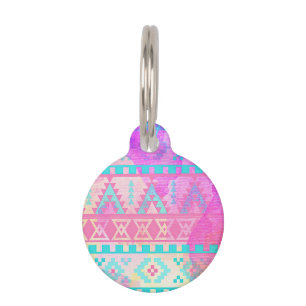 Placa Para Mascotas Rosa de la acuarela y modelo aztecas tribales de