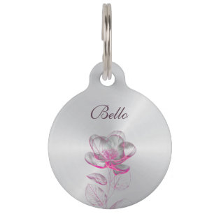 Placa Para Mascotas Rosa de Lujo Plateado Personalizable