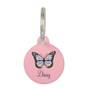 Placa Para Mascotas Rosa mate con mariposa, teléfono y nombre