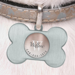 Placa Para Mascotas Rosa Oro Cepillado Monograma Metalizado Óleo Perro