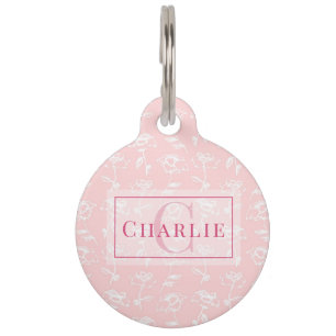 Placa Para Mascotas Rosa Polvo Flor Blanca, Monograma Personalizado Pe