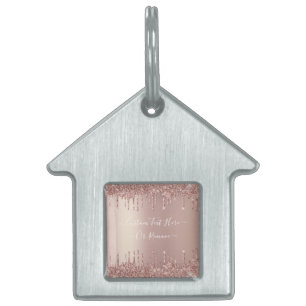 Placa Para Mascotas Rosa Purpurina dorado Personalizado Nombre de text