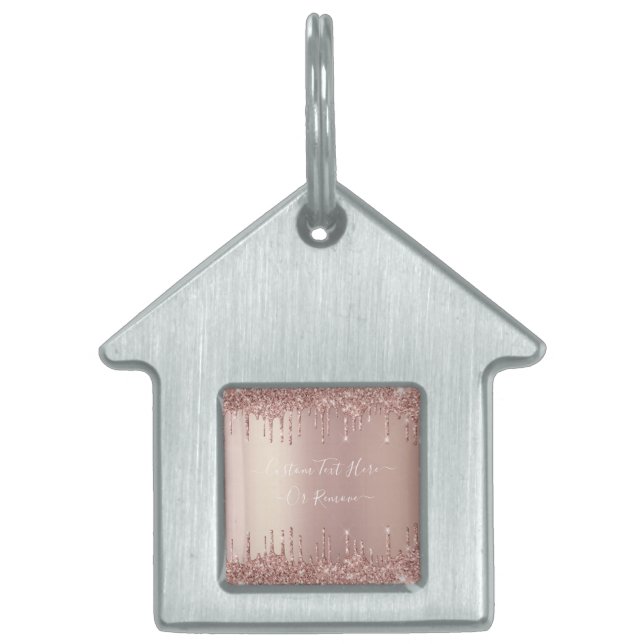 Placa Para Mascotas Rosa Purpurina dorado Personalizado Nombre de text (Frente)
