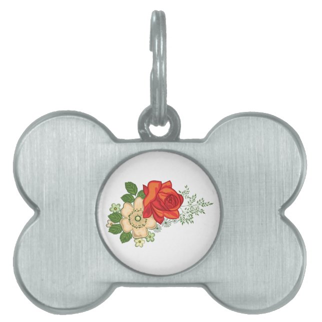 Placa Para Mascotas Rosa Roja y Margaritas (Frente)