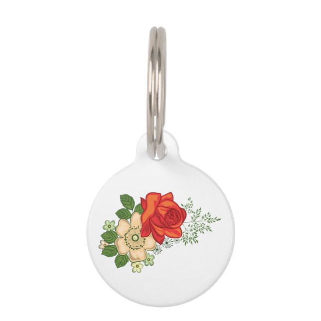 Placa Para Mascotas Rosa Roja y Margaritas (Anverso)