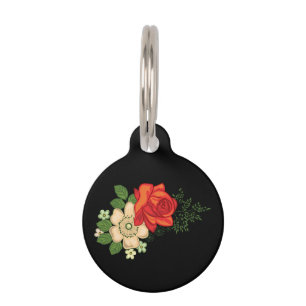 Placa Para Mascotas Rosa Roja y Margaritas Fondo Negro