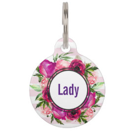 Placa Para Mascotas Rosa rosa y amapola floral en franjas rosas