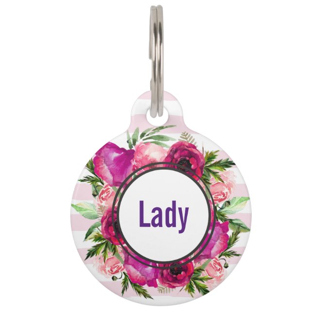 Placa Para Mascotas Rosa rosa y amapola floral en franjas rosas (Anverso)