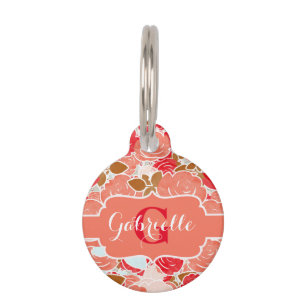 Placa Para Mascotas Rosas de acuarela de color rosa y dorado Monograma