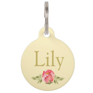 Placa Para Mascotas Rosas de color rosa floral, con letras doradas,