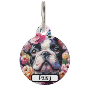Placa Para Mascotas Rosas de perros Bulldoges franceses florales en bl