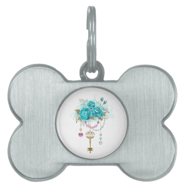 Placa Para Mascotas Rosas turquesas con llaves (Frente)