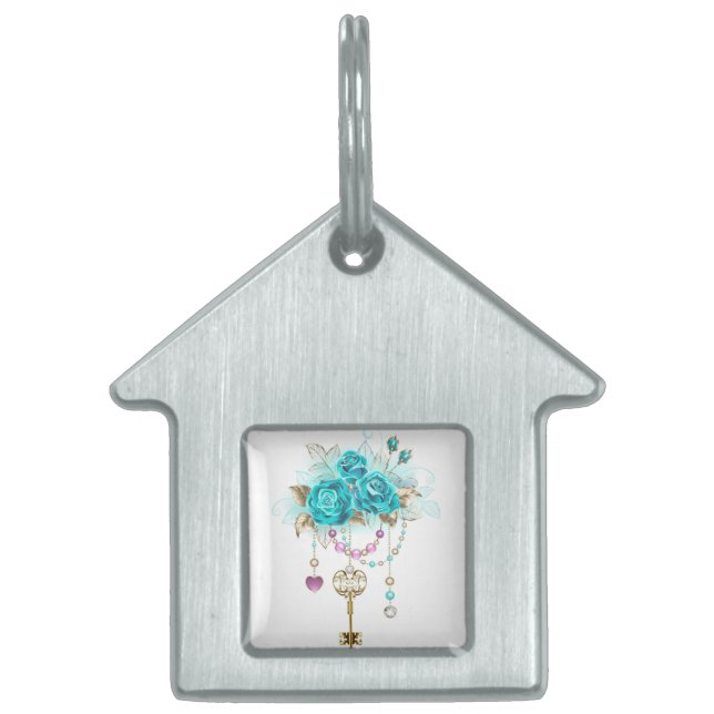 Placa Para Mascotas Rosas turquesas con llaves (Frente)