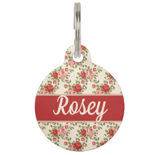 Placa Para Mascotas Rosas vintage personalizadas con patrón chic desga