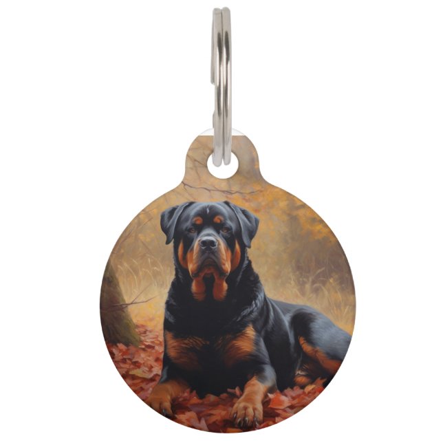 Placa Para Mascotas Rottweiler en otoño inspira caída de hojas (Anverso)