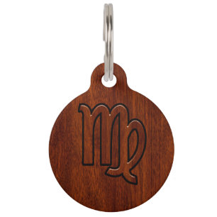 Placa Para Mascotas Rótulo Virgo Zodiac al estilo de la madera de Maho