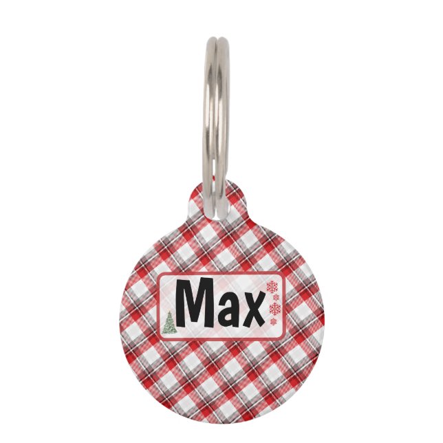 Placa Para Mascotas Round Christmas – Personalized Name, Plaid Holiday (Anverso)