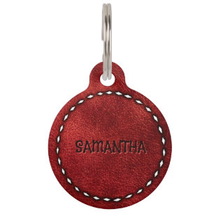Placa Para Mascotas Rústico Red Leather Buckstitch Dog Cat