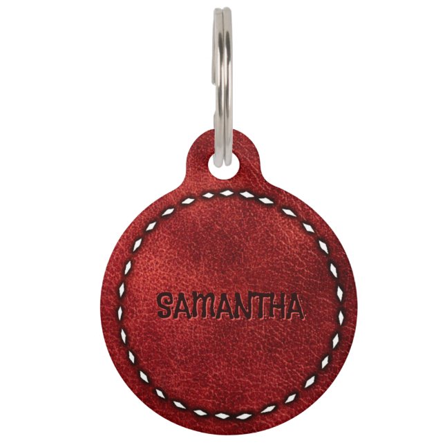 Placa Para Mascotas Rústico Red Leather Buckstitch Dog Cat (Anverso)