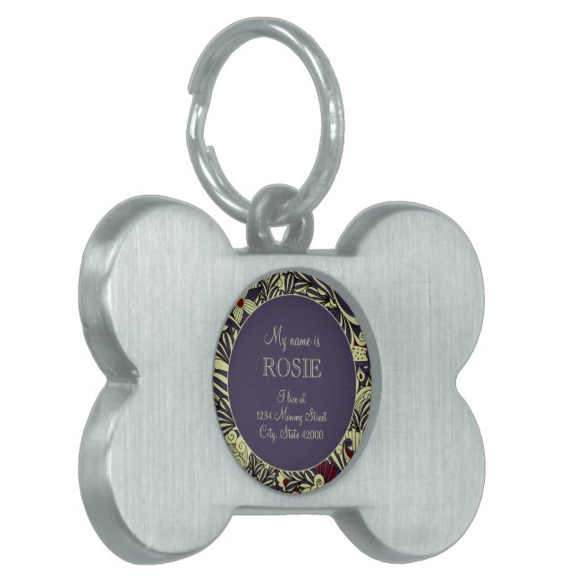Placa Para Mascotas Sage Green & Purple Girly Floral Silver (Frente Izquierda)