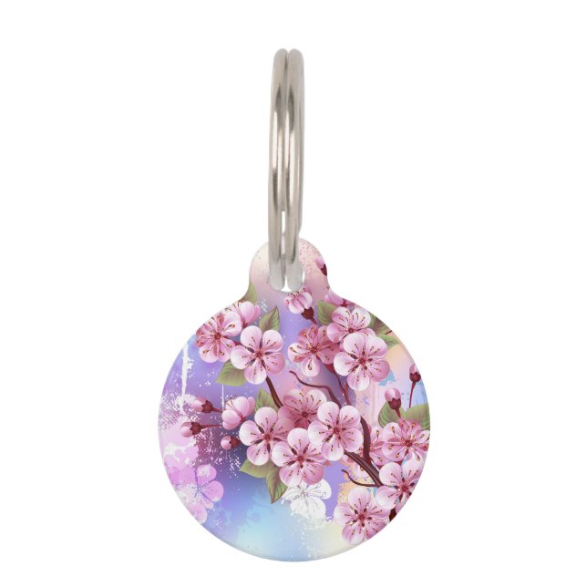 Placa Para Mascotas Sakura rosa sobre fondo de pintura (Anverso)