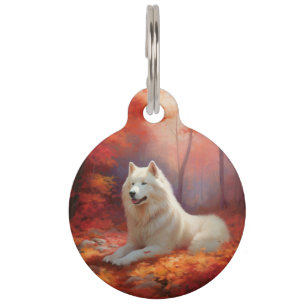 Placa Para Mascotas Samoyedo en otoño inspira caída de hojas