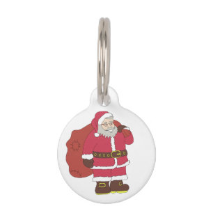 Placa Para Mascotas Santa Claus de rojo con bolsa de regalo y anteojos